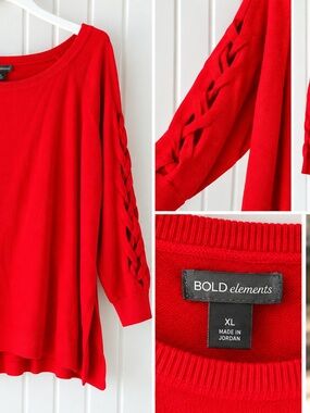 BOLD elements Red Braided-Sleeve Scoop Neck Tunic Sweater